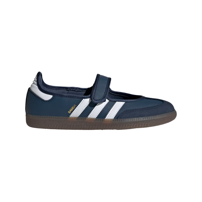 Adidas Samba Jane navy blue colorway with white stripes