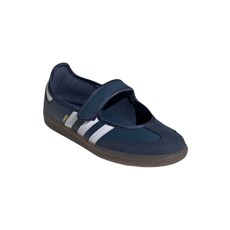 Adidas Samba Jane navy blue colorway with white stripes