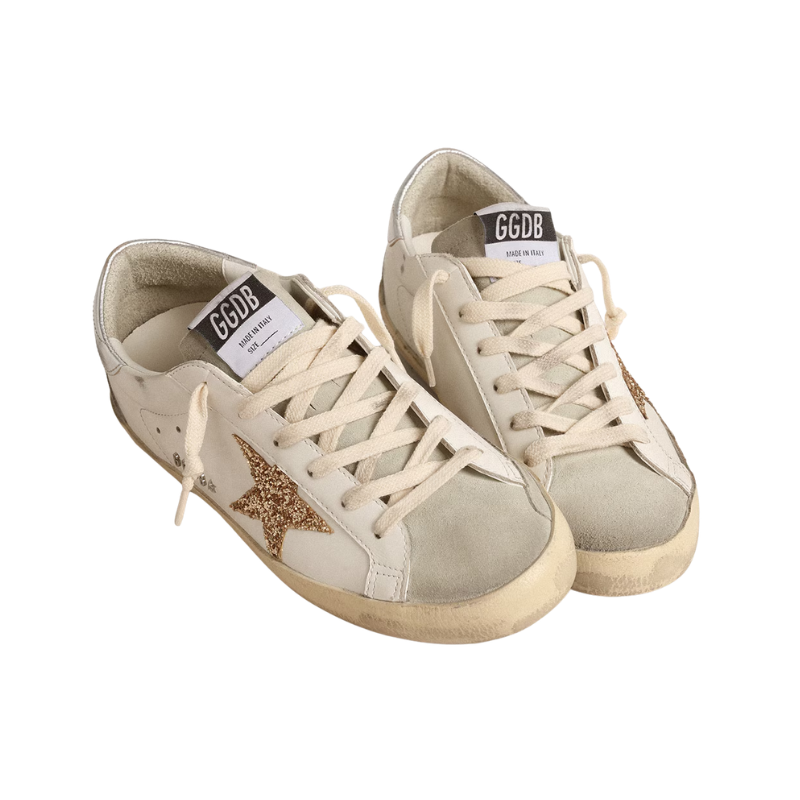 Golden Goose Super-Star - gold glitter star and ice-gray suede