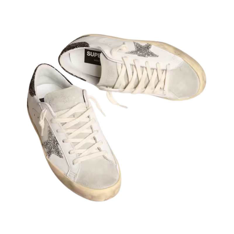 Golden Goose Super-Star - Silver star and brown glitter heel tab