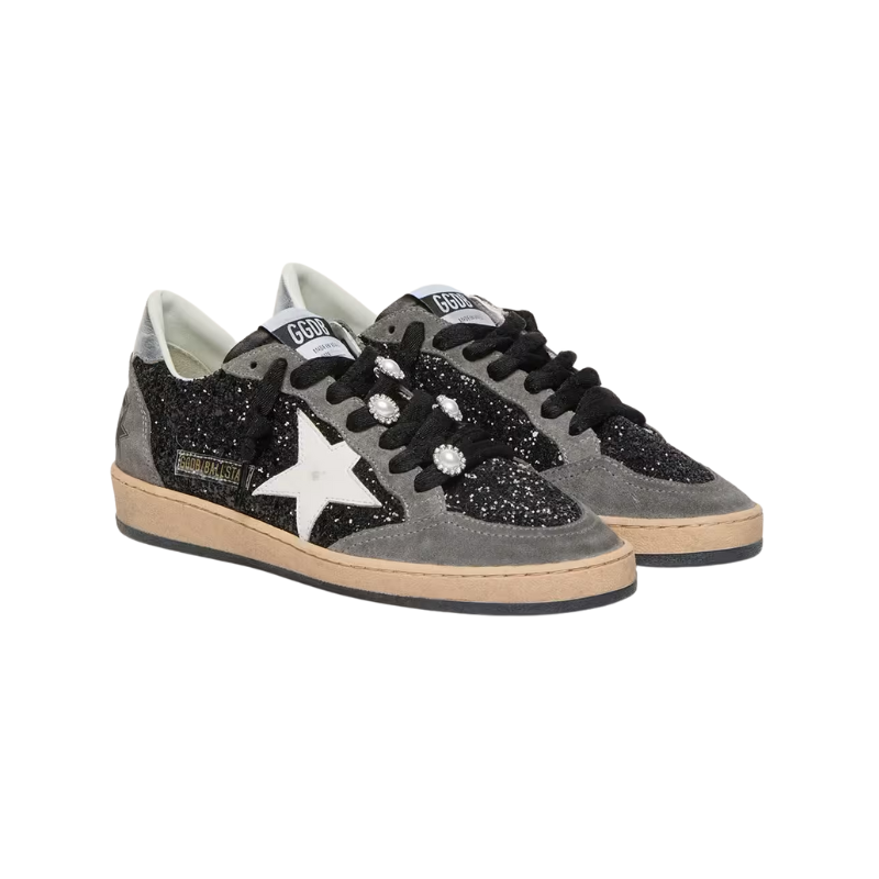 Golden Goose Ball Star black glitter upper with gray suede