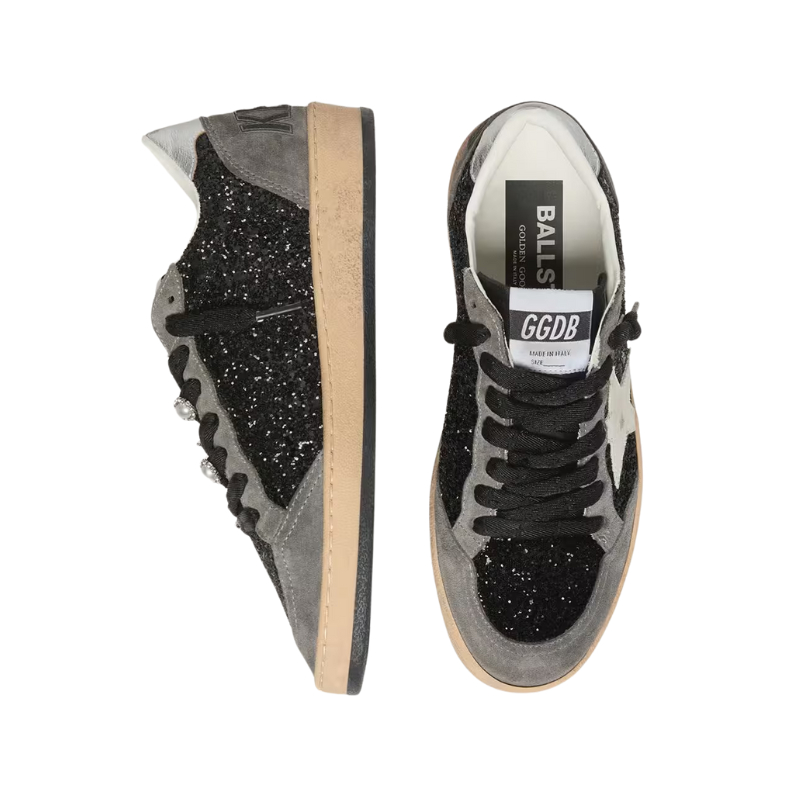 Golden Goose Ball Star black glitter upper with gray suede